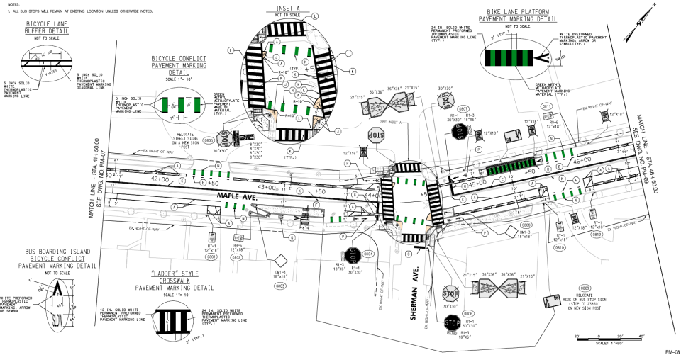 Technical engineering blueprint for a bicycle lane on Maple Ave, showing intersection details, green conflict pavement markings, and crosswalks.