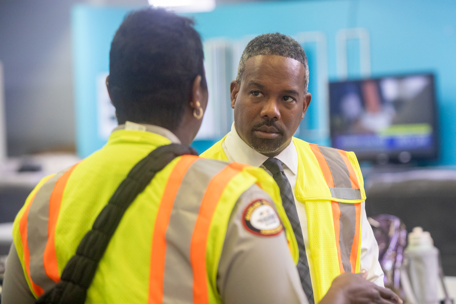 MTA Administrator Tony Bridges listening to an employee.