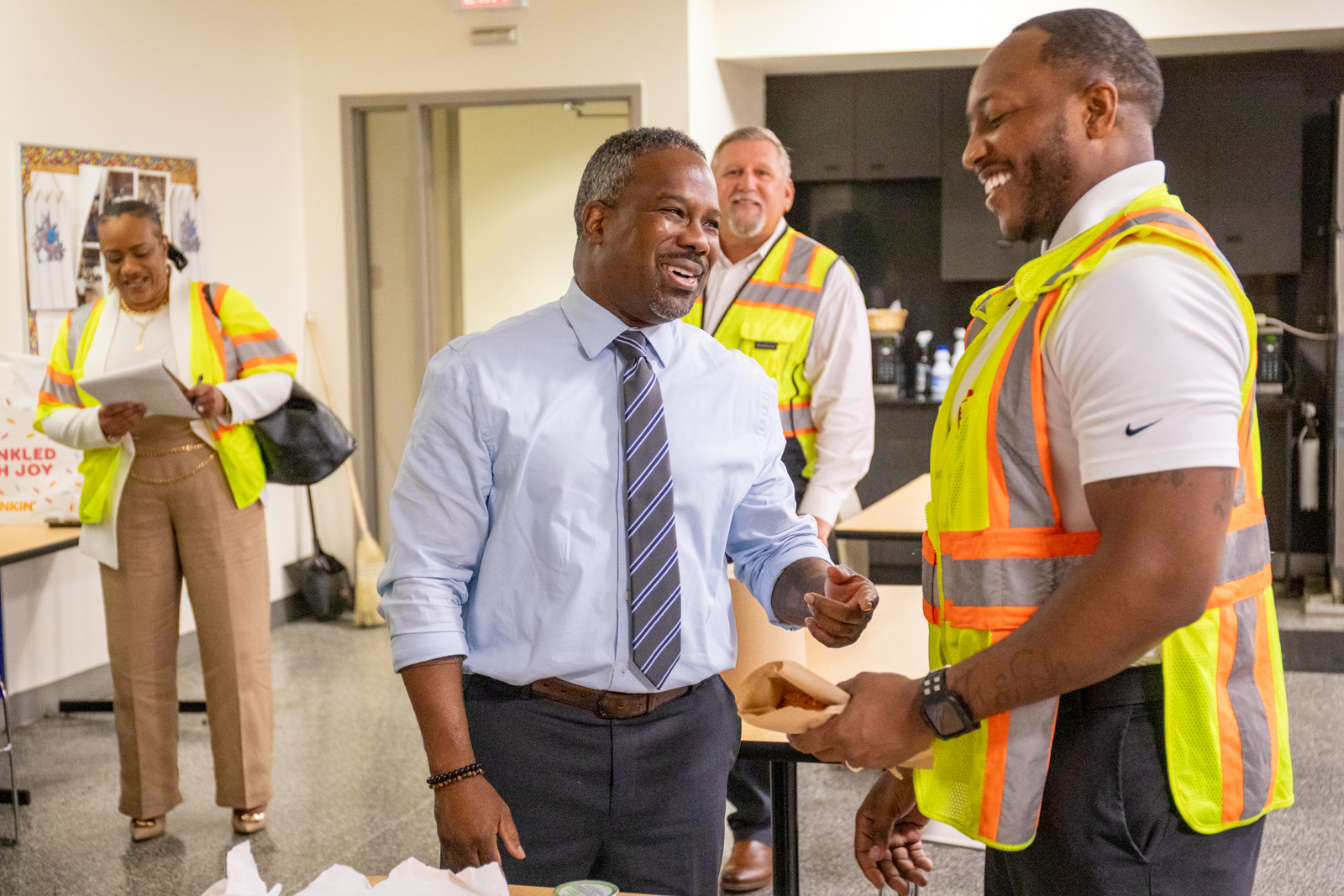MTA Administrator Tony Bridges meets with employees at the Kirk Bus Division. 